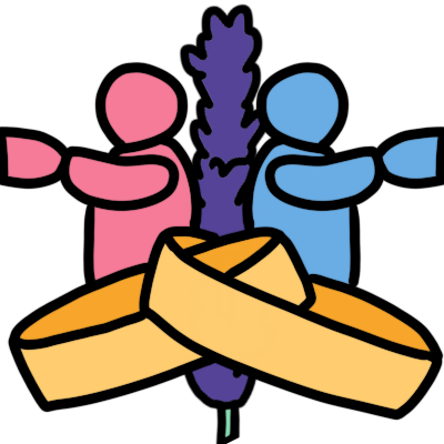 two linked golden rings with a lavender stem behind them. on one side is a pink figure reaching for another pink figure, and on the other is a blue figure reaching for another blue figure.